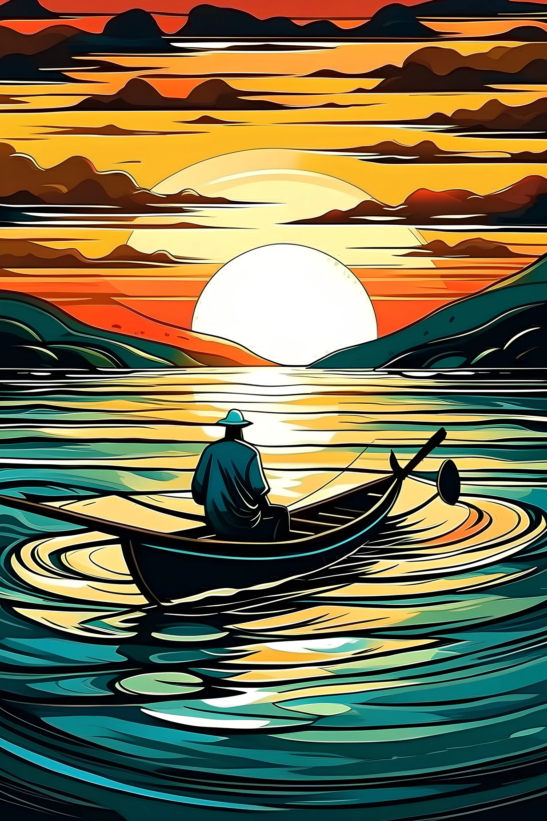 un bote en el medio de un rio con un pescador viendo el atardecer al estilo de Picasso