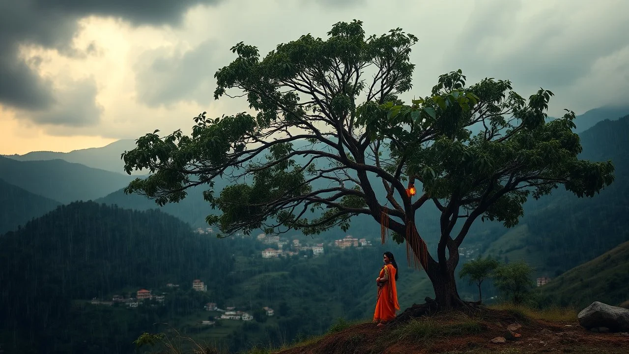 A dramatic view of The Char Dham during a monsoon, with dark clouds looming and rain cascading down the hills. A South Asian male and female seek shelter under a tree, showcasing their resilience during the storm., gold glow bright orange color palette, scandinavian vibe, diffused pale light