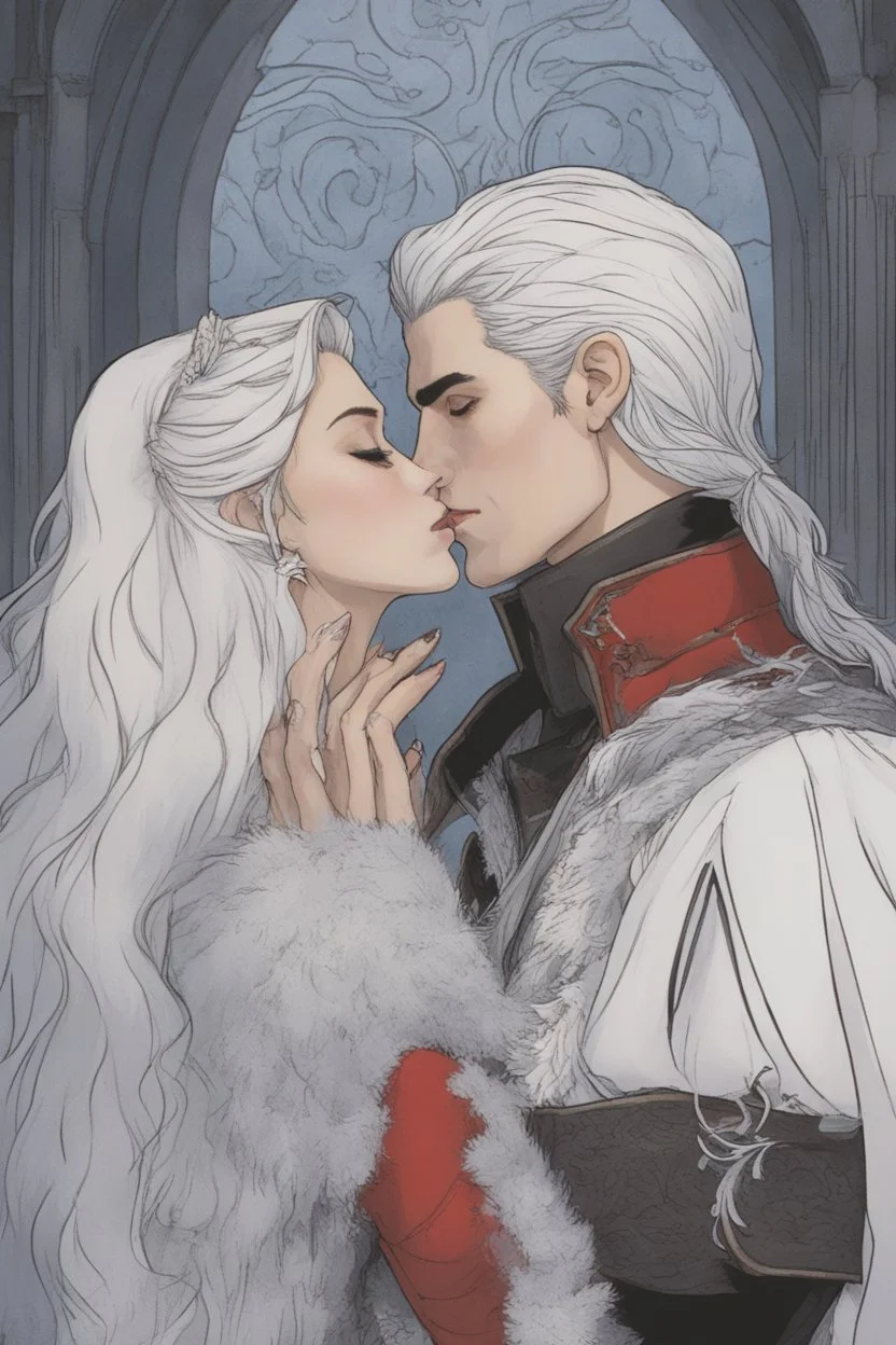 A couple from the dnd game curse of Strahd kissing. She has white hair he has long black hair.