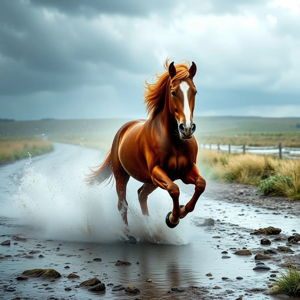 Horse running in themiddle of a storm