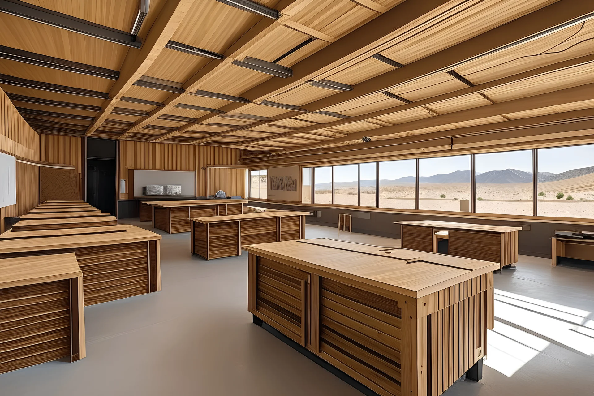 modern waste management center of wood, healthy, in the middle of atacama desert, inside view, educational center, machine