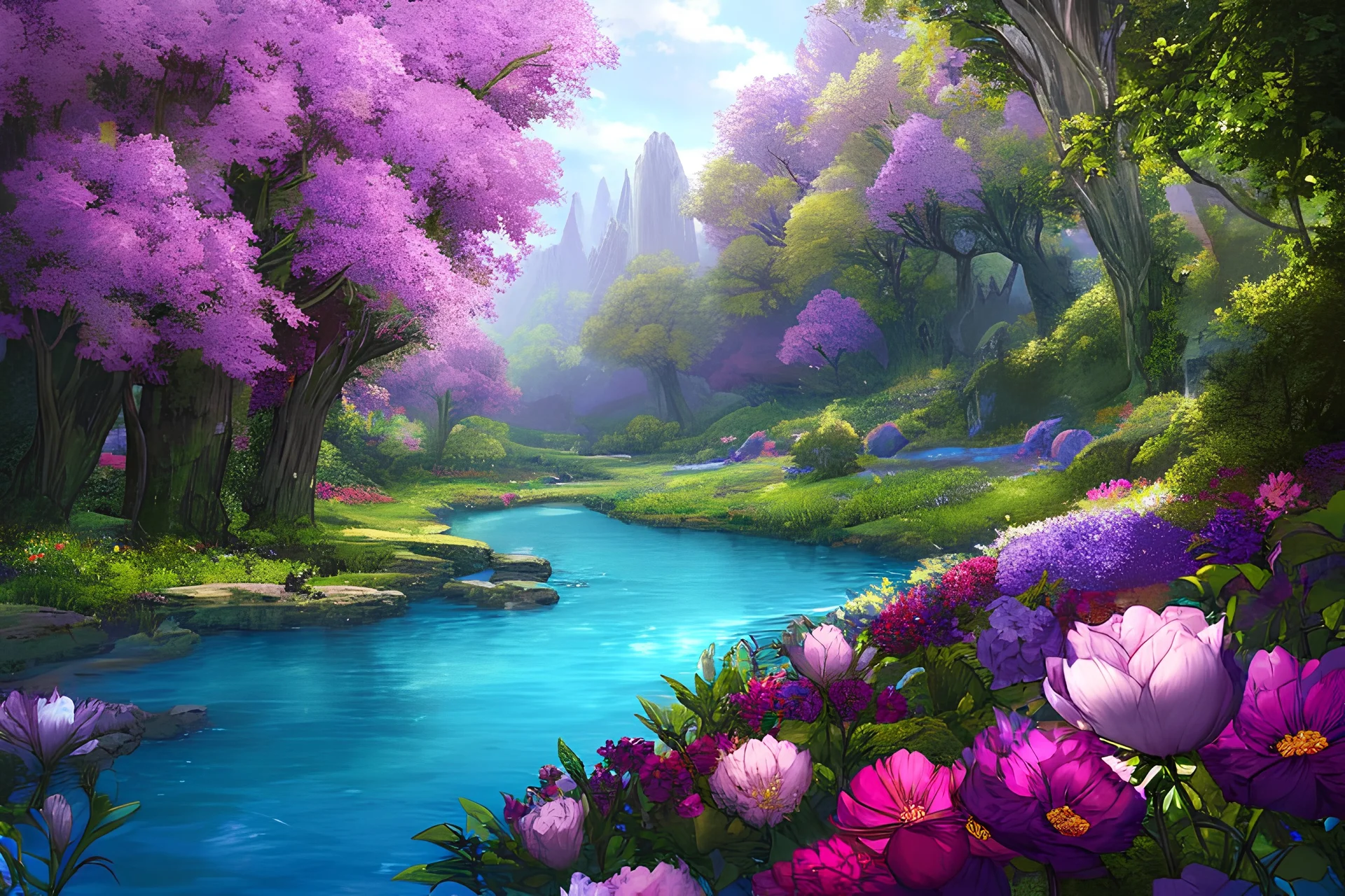 a beautiful scene of a forest in the distance with very purple trees and a shimmering blue river going down the forest the sky is an orangey pink, and lots of flowers on the river banks, very realistic details