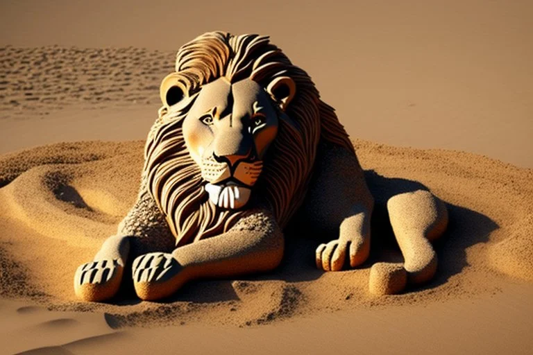 lion made of pebbles in sand