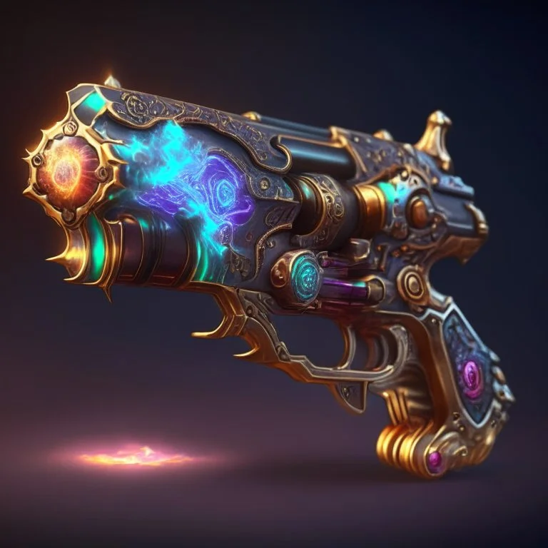 Ultra rendered profesional pating of a pistol gun loaded with magma, in the style of warcraft, holographic crystal class. Steamnpunk. Item. Boardgame.