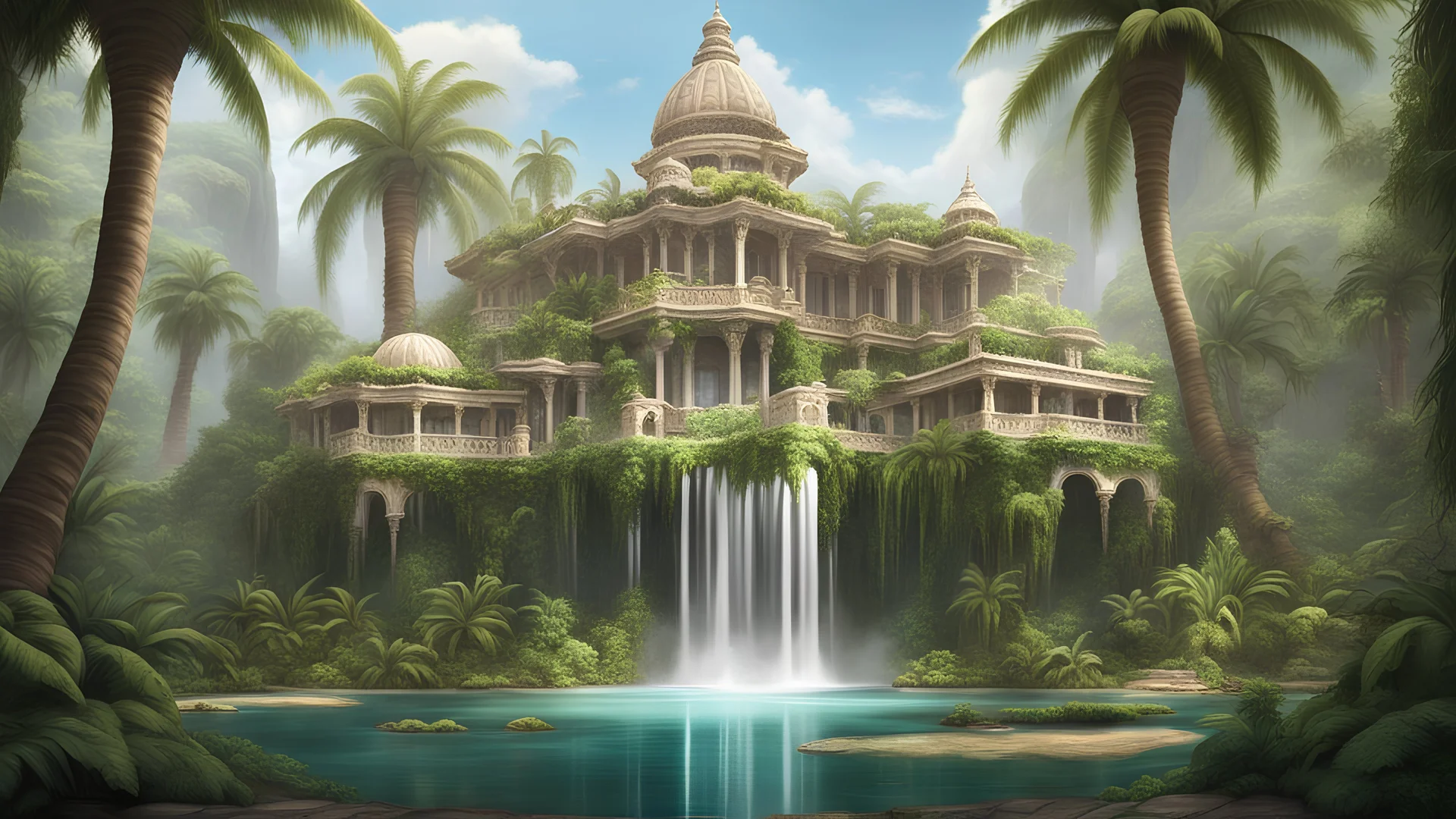 Un palacio estilo van vogh con palmeras jungle waterfall