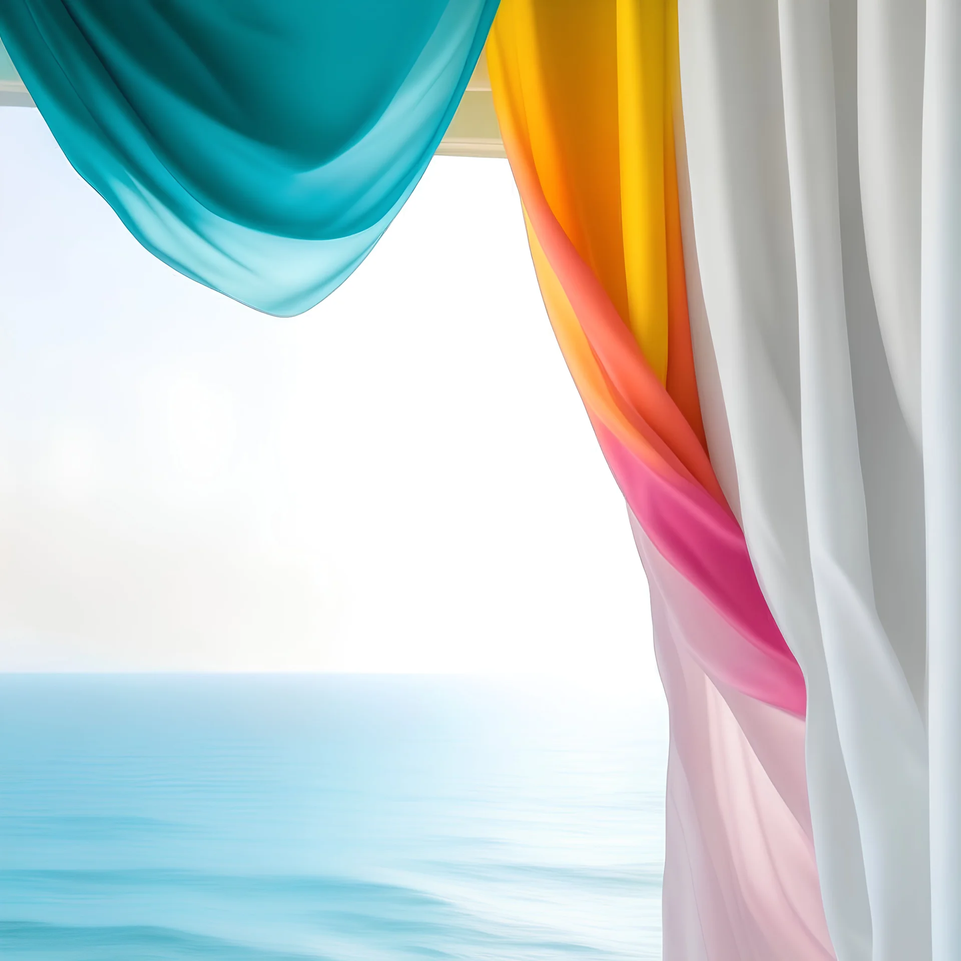 Kiara gerber A white curtain above the sea, turquoise, pink, orange, yellow, wind blowing