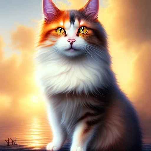 beautiful cat playing sea, stunning, magnificant, sunset sky, 8k resolution, high-quality, fine-detail, detailed matte, photography, illustration, digital art, brian froud, howard lyon, greg rutowski, Anne Dittman, Anne Stokes,