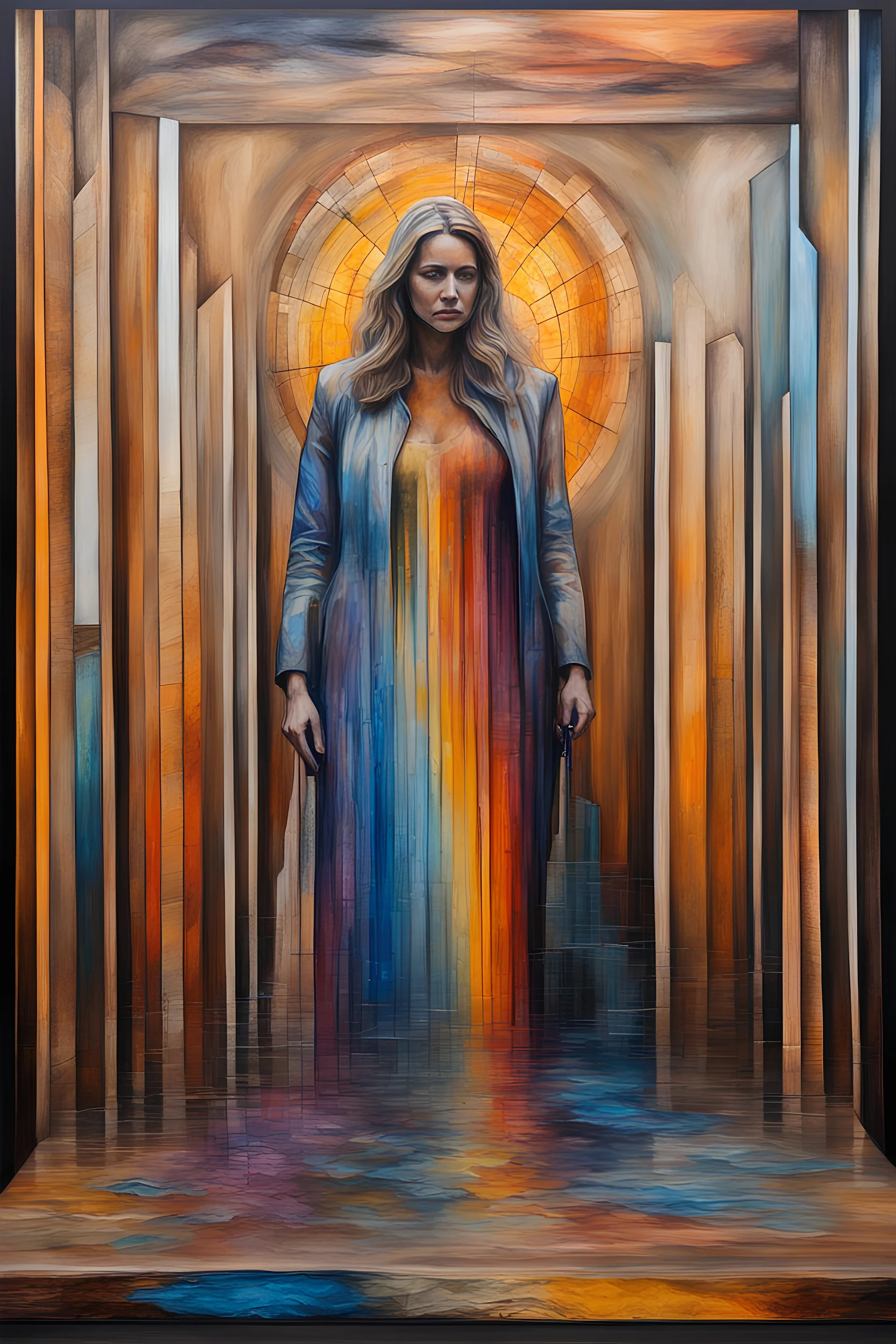 24x36 inch movie poster - "The End of Life" - double exposure - Oil paint, water paint, acrylic paint, statuesque, clay molding, wood burning, pencil and ink - in the art style of every artist that has ever lived - a multicolored, stained, spectral, glass fragment, prism, 3D sculpture, a woman standing on the precipice looking down into the void while a giant, snarling werewolf rears up behind her