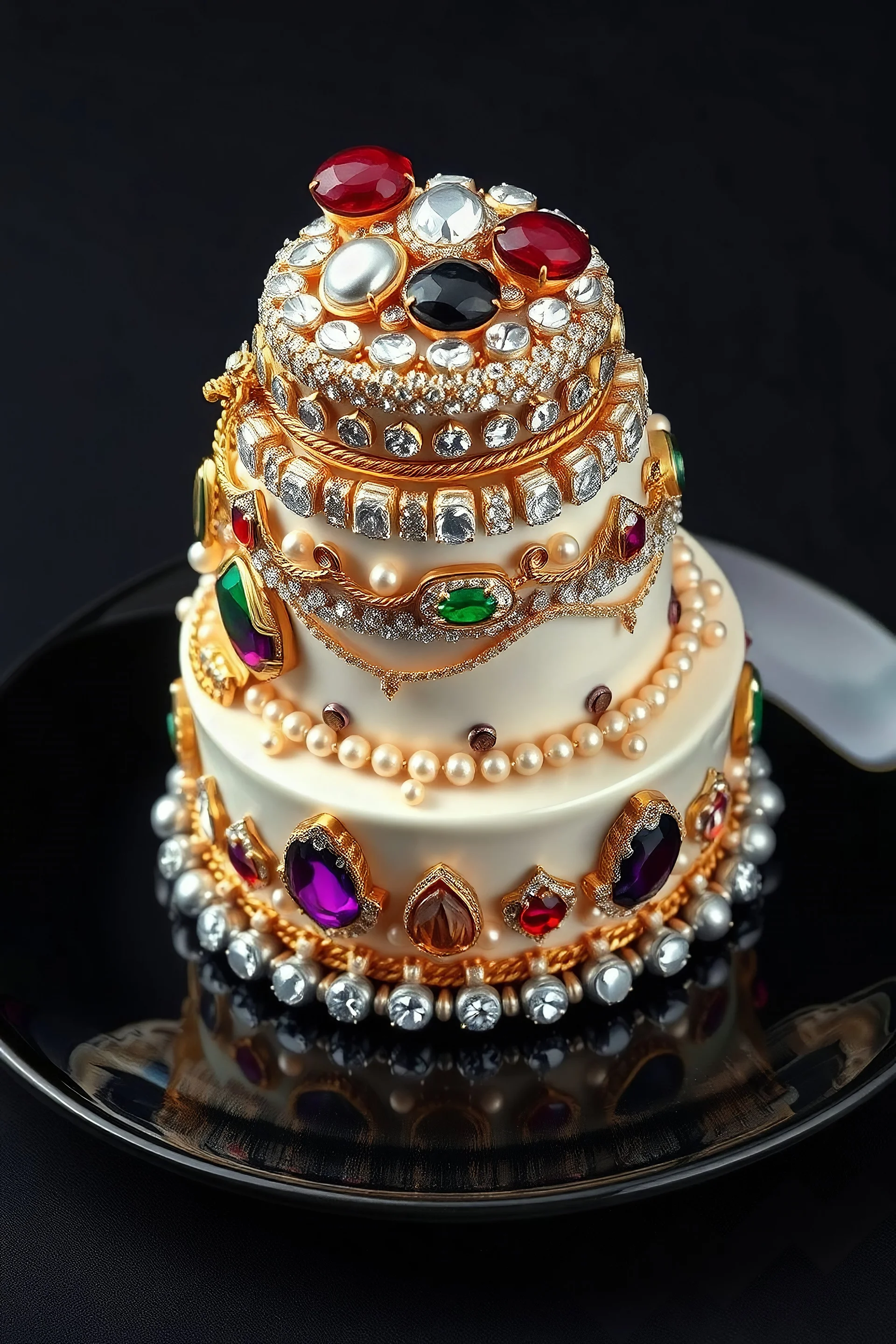 Art product photo, jewelry art, 1 four layer cake made of precious metals, draped in diamonds, gold, and decorated with precious different color stones and pearls on a black porcelain plate, realistic