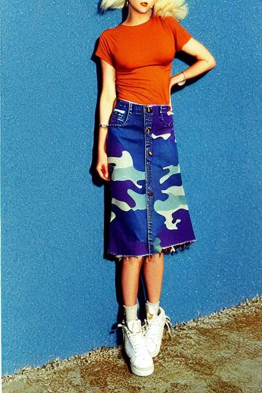 year 1996 denim fashion. Loose skirt, low waist. Combat pants and t-shirt. Colors: denim blue, blue, purple, cream, khaki, light green, lilac, plum, orange, terracotta, red, light yellow, pink, dark blue, beige. Latex in small part. Something between camouflage and cheetah prints.. Gwen Stephani, Shirley Manson.Cargo pants