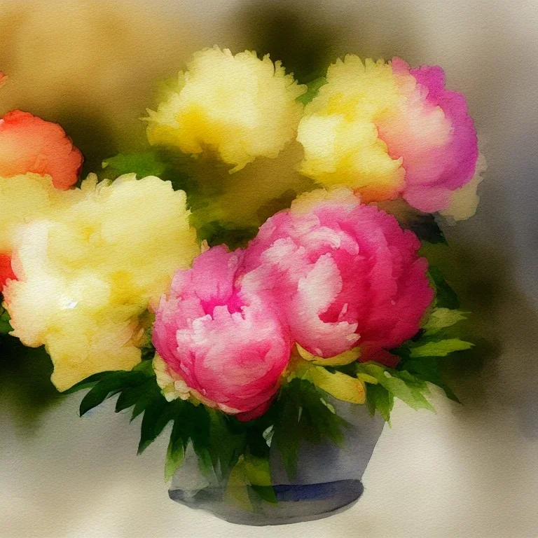 watercolor of a bowl of peonies, warm colors, water color streaks and splashes, in the style of turner, white space