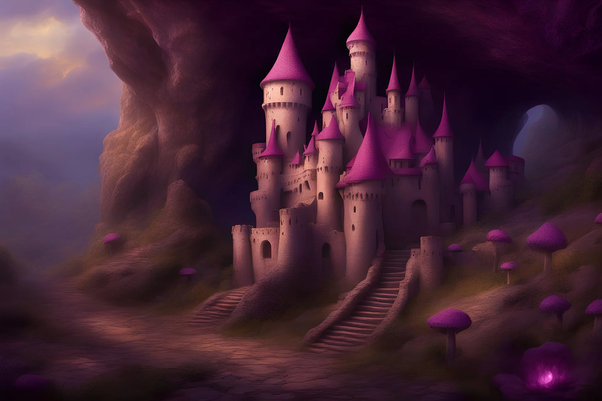 a castle in a underground cave, Various colors, purple, gold, rose, mushrooms, top with lucioles light, panoramic view, extremely high-resolution details, photographic, realism pushed to extreme, fine texture, incredibly lifelike perfect shadows, atmospheric lighting, volumetric lighting, sharp focus, focus on eyes, masterpiece, professional, award-winning, exquisite detailed, highly detailed, UHD, 64k,