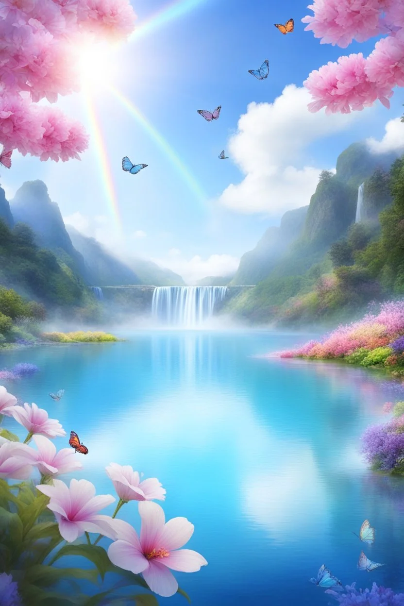 fantastic,Beautiful garden, flowers,rainbows, cascades arc en ciel, papillons colorés
