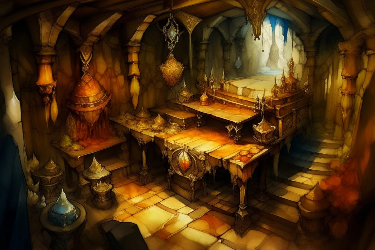 dnd, fantasy, watercolour, large strokes, stylistic, dungeon, chests full of gold, opulent, grandiose
