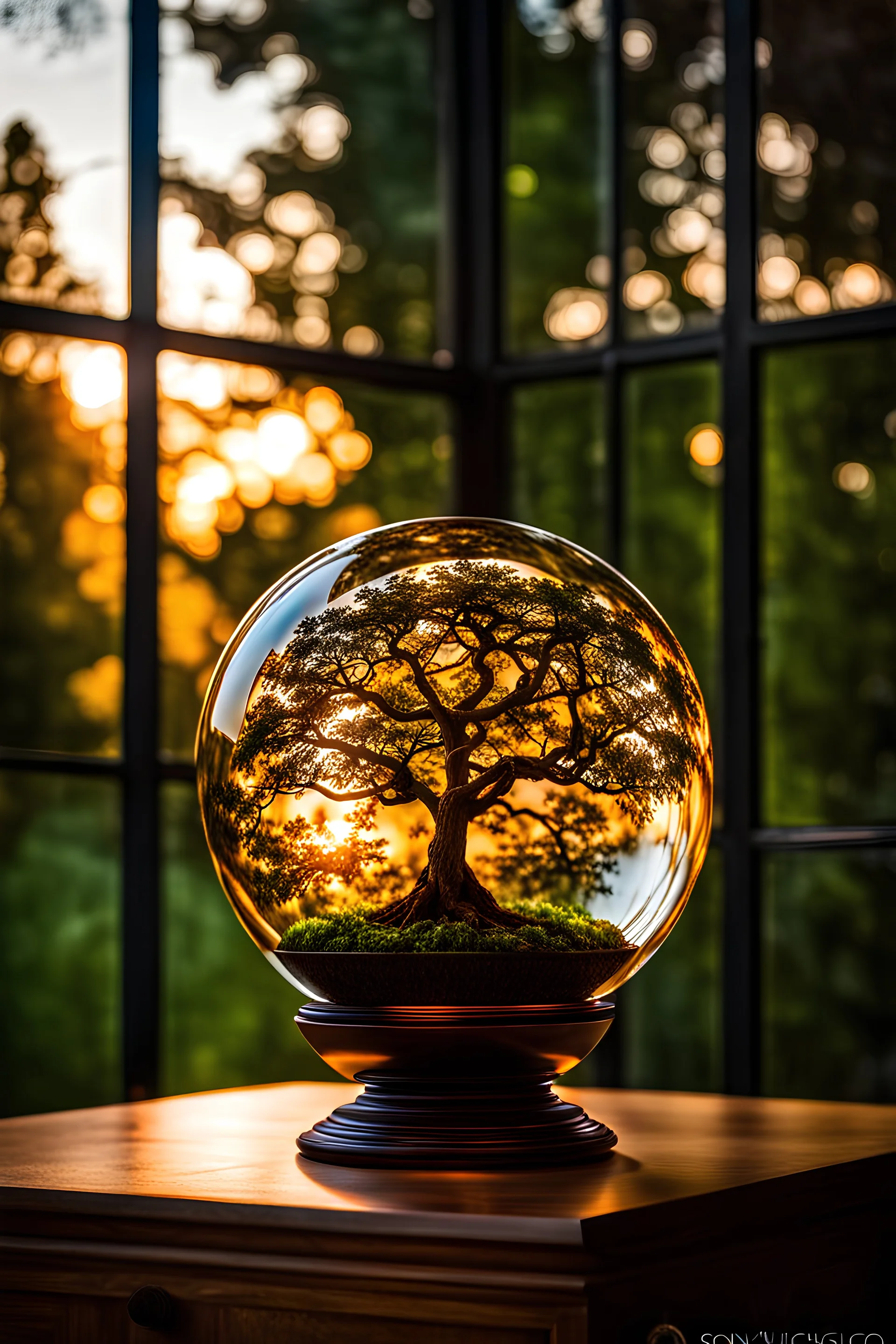 a tree of life inside of a glass-sphere, the tree has decayed from lack of nutrients, goldish light inside the glass-sphere, gold glass-sphere, intricate detailes, micro gold aura, Cinematic lighting, Volumetric lighting, Epic composition, Photorealism, Bokeh blur, Very high detail, Sony Alpha α7, ISO1900, Character design, Unreal Engine, Octane render, HDR, Subsurface scattering