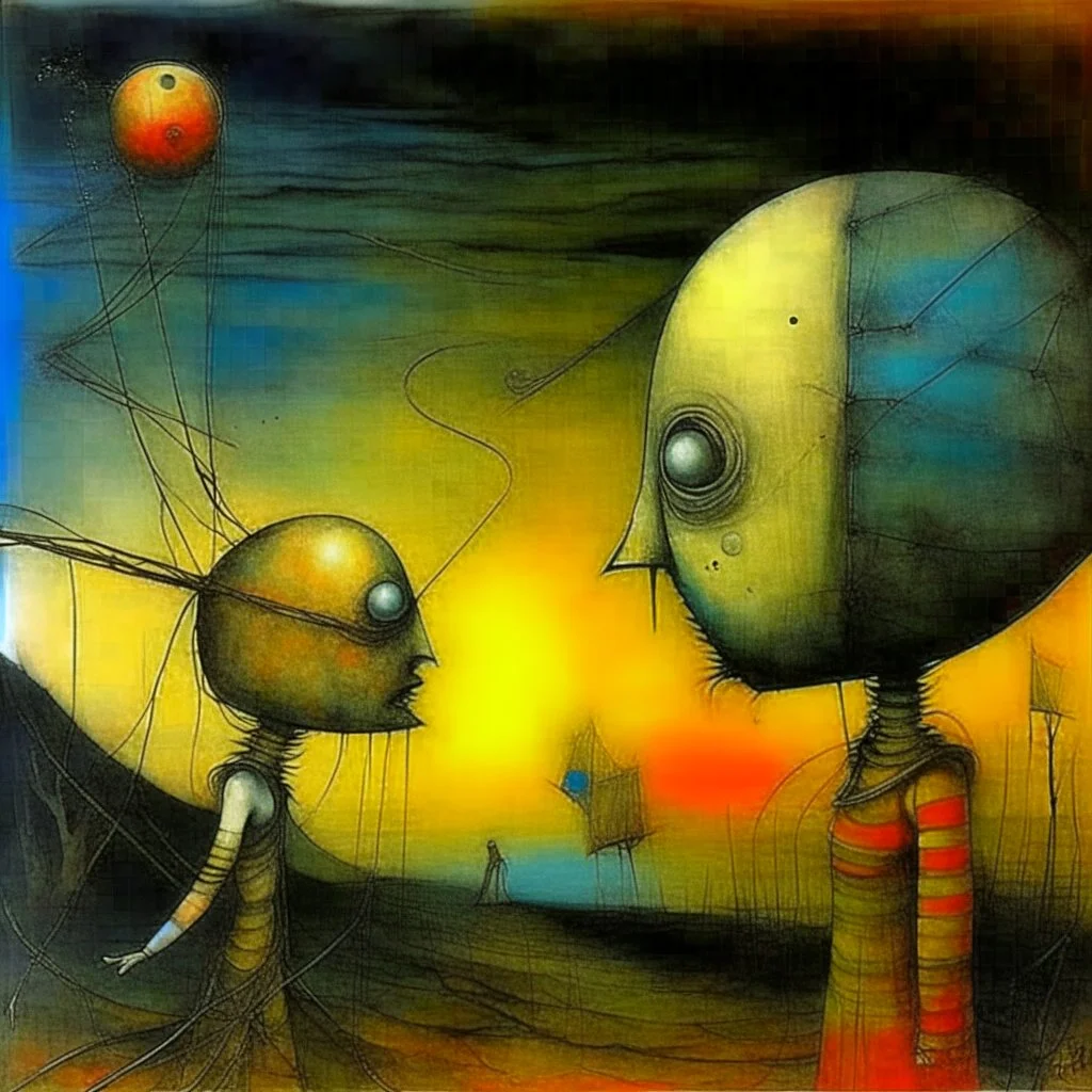 Style by Pawel Kuczynski and Joan Miro and Stephen Gammell, abstract surreal art, a great trick played beyond the void, gestalt metaphysical connections, lunatic shine textures,