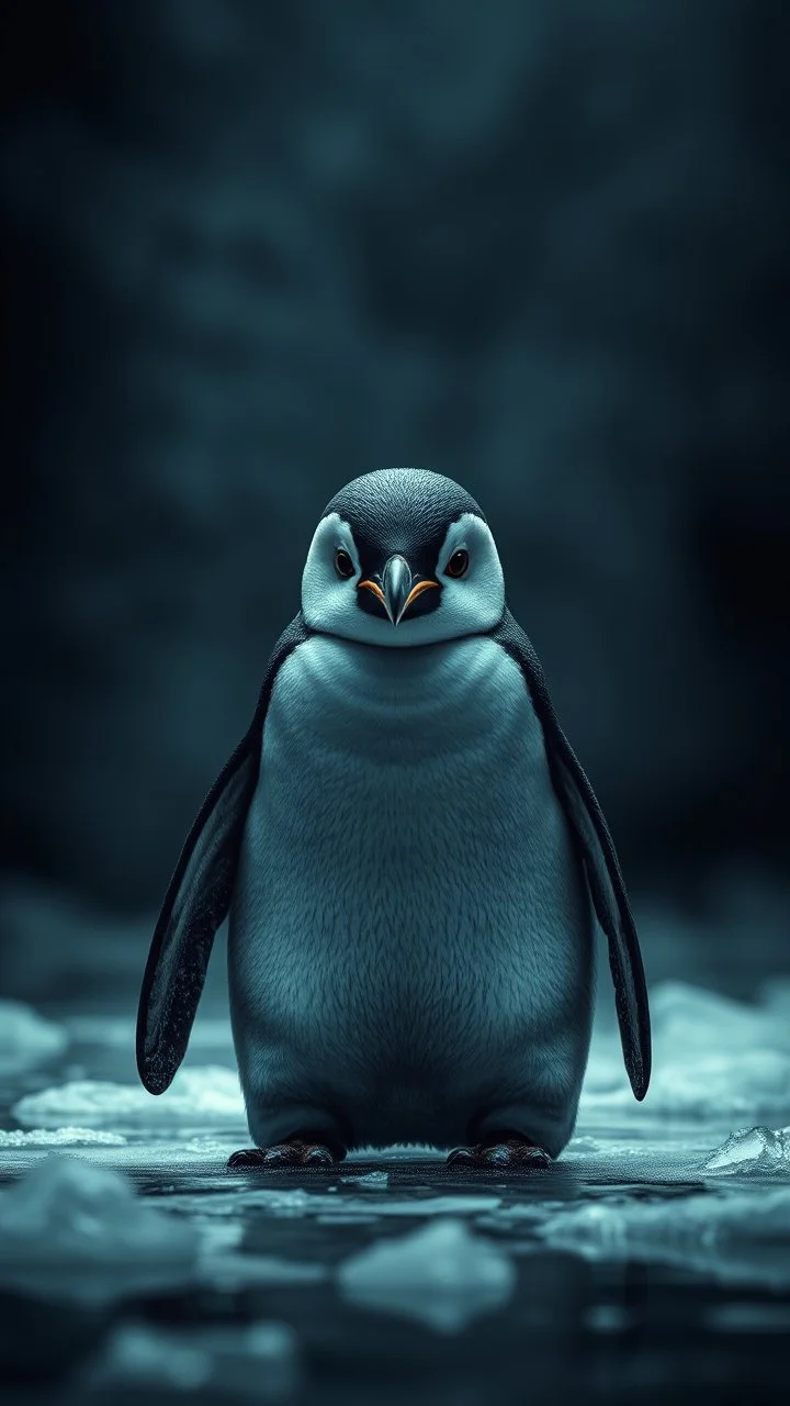 ,surrealism of the dark of a nightmare , hyper photorealistic, hyper detailed bright art color, high resolution, fog, octane render, tilt shift, HDRI Environment, all pictures dark gray, a front view of a sad penguin in the melted ice