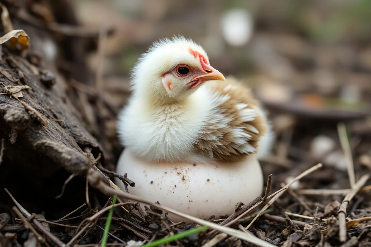 a baby chicken insde egg just boken its egg and comming to life in country side ,closeup