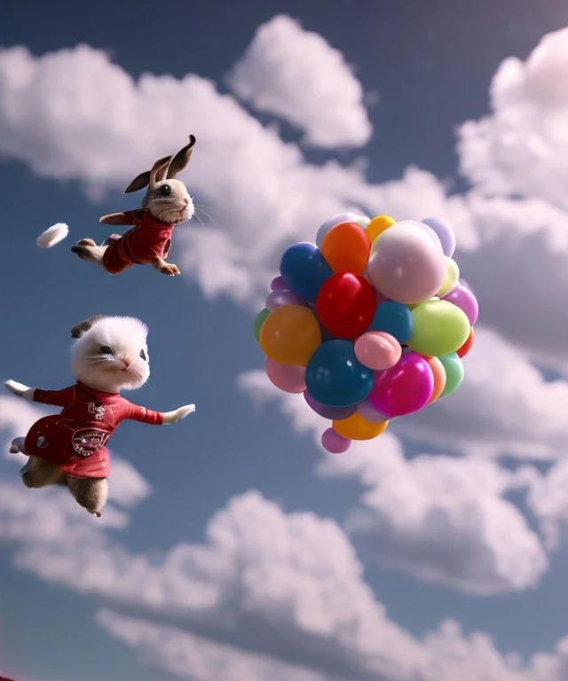 Ultra realistic speed clouds sky scene, wide angle view, childs falling down with many Childs background, rabbit head, inflatable monsters, circus dress style, feather color, free jumping flying, many trinkets, hair monster, many jelly beans, balls, color smoke, smile, happy, extreme, wind, clouds sea, 20,000 feet altitude, stratosphere, soft color, highly detailed, unreal engine 5, ray tracing, RTX, lumen lighting, ultra detail, volumetric lighting, 3d, finely drawn, high definition.