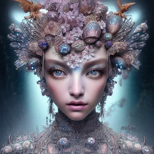 Insanely detailed photograph of an elaborate beautiful crystal goddess intricate glowing skin eyes intricate face hair lashes fur dress hyperdetailed painting by Anna Dittmann Huang Guangjian and Dan Witz CGSociety ZBrush Central fantasy art album cover art 4K 64 megapixels 8K resolution HDR Greek shiny space colours jewelry celestial hair eyes light"