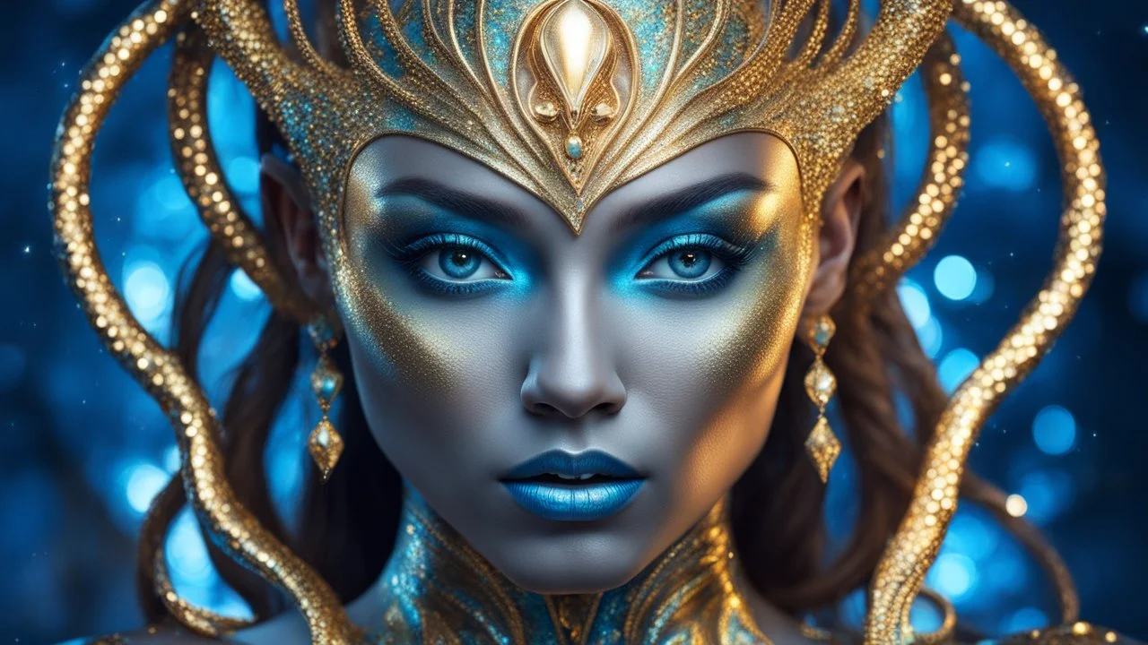 gorgeous female humanoid alien, double exposure, silver skin, slender muscular warrior, tentacles, gold, blue, copper-zinc orichalcum jewelry and piercing, beautiful face, mesmerizing starry eyes, smooth translucent skin, hourglass, glowing, highlights, size DD.