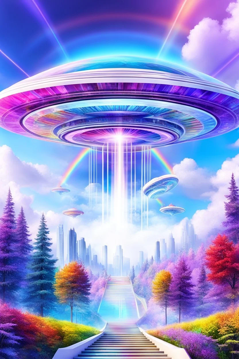 Ufos rainbow, futuriste ultra moderne,stairway to heaven,crystal very beautiful city,nature forest flowers colors