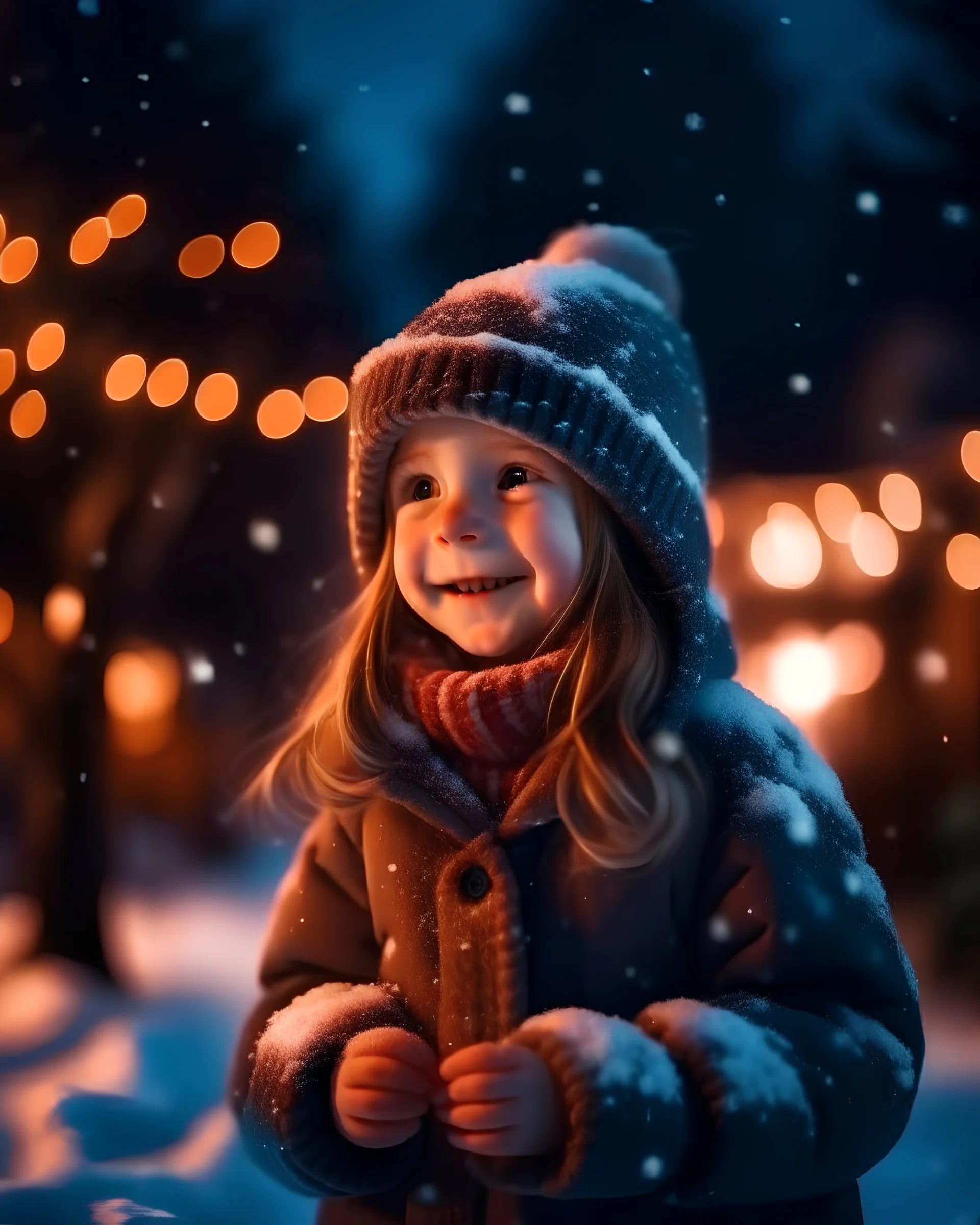 Little girl with christmas lights enjoying the holidays outdoors in snowfall. Happy cute child girl playing with Chistmas festive lights. digital ai