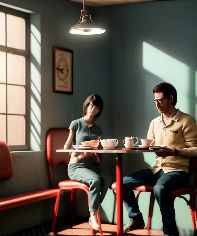 Realistic scene, man and woman sitting in cafeteria and having breakfast levitating, 0 gravity, Wes Anderson, soft color, highly detailed, unreal engine 5, ray tracing, RTX, lumen lighting, ultra detail, volumetric lighting, 3d, finely drawn, high definition, high resolution.