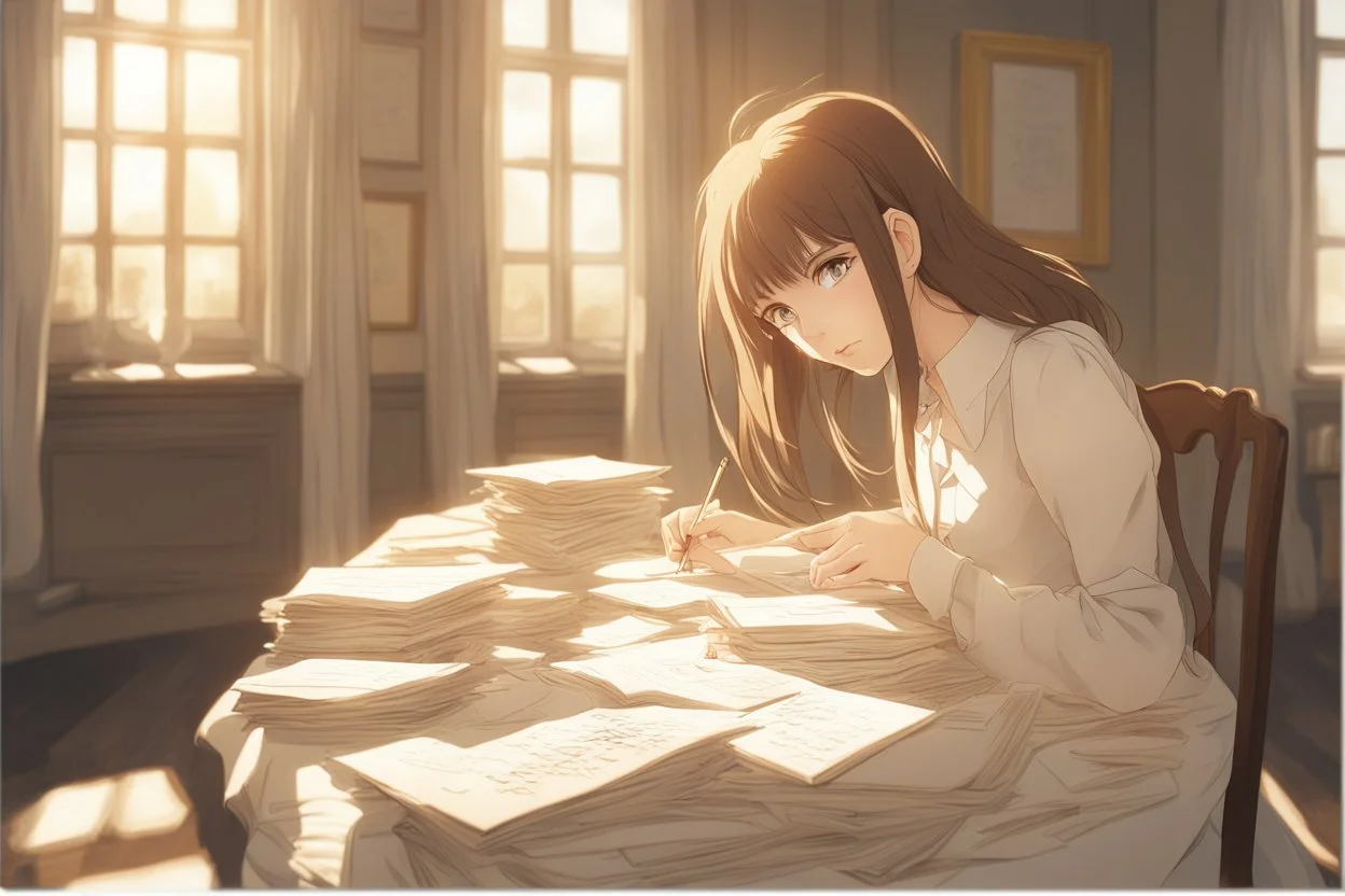 A pretty brown-haired woman sits in front of a table covered with handwritten letters, looking at them perplexedly, in an elegant room in the sunlight.