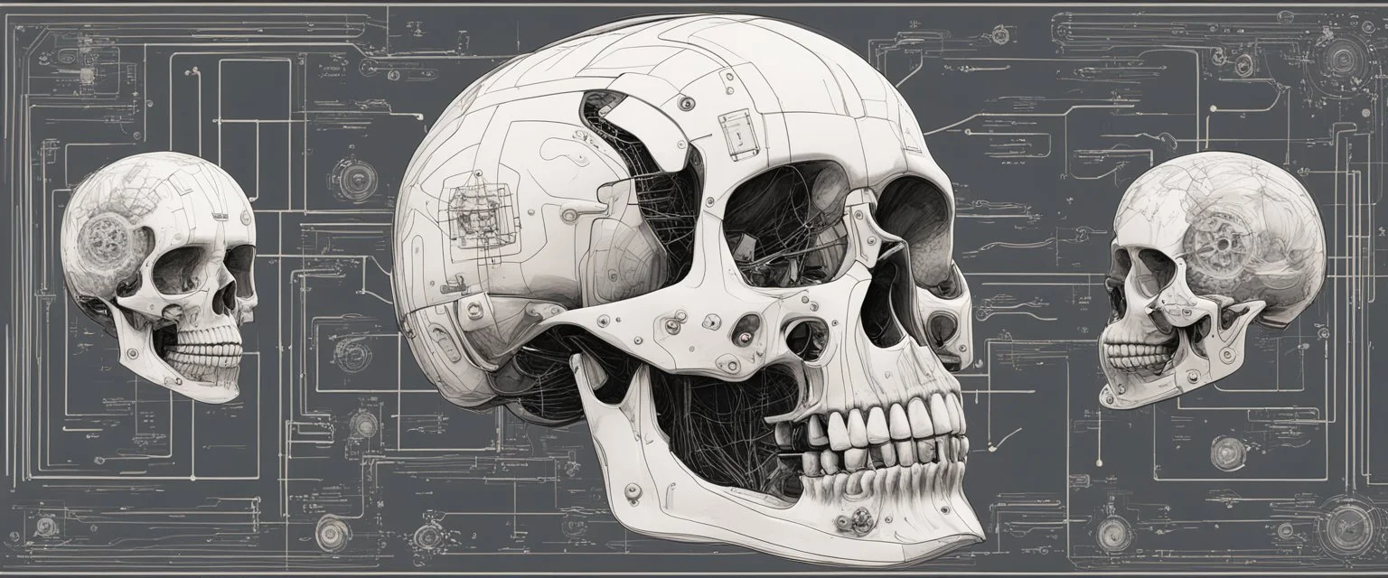 An Andy Warhol style illustration of a set of schematics for a cyborg skull, digital illustration, extreme detail, digital art, 4k, ultra hd, graphite pencil drawing, realistic, fine art, vray, 3d mandelbulber, octane 3d, digital painting, realistic and natural, cosmic sky, detailed full-color, hd photography, realistic surrealism, elements by dr. frankenstein detailed, gloss, hyperrealism, random neon wiring dayglo effects,and background color, industrial background, as a poster with more neon