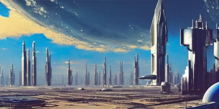 Spaceport on a heavy industrialized planet with futuristic high rise buildings with glass facades in the background and spaceship taking off in the foreground, art by John Berkey, brutalist architecture, insanely detailed, vibrant, 8k uhd, blue sky with clouds, cinematic atmosphere, ultra-wide angle, street level view, brush strokes, sharp focus