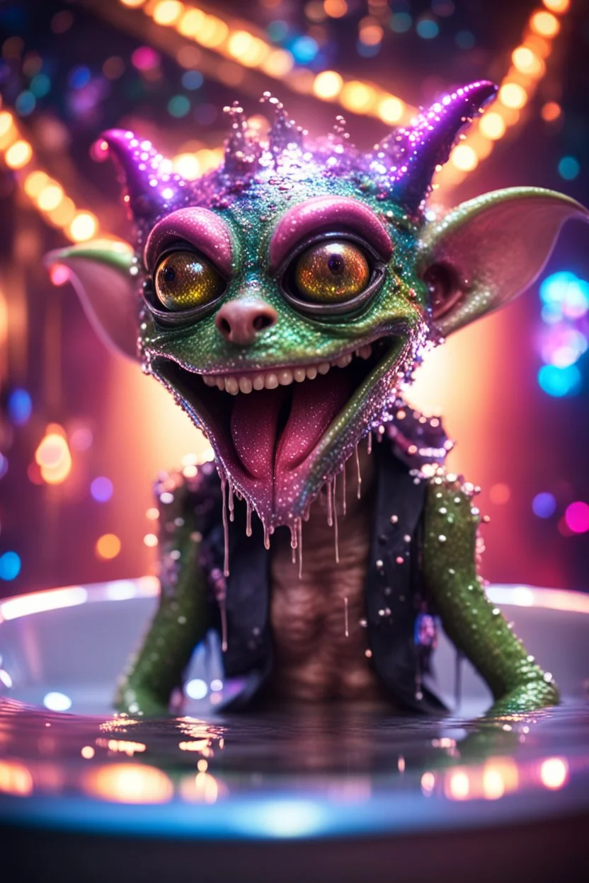 portrait through dirty warped lens of ultimate transcendent happy disco ball helmet pimp kobold gremlin alien frown with spotlights and huge dripping tounge sticking head out of a bathtub portal, in front of space portal dimensional glittering device, bokeh like f/0.8, tilt-shift lens 8k, high detail, smooth render, down-light, unreal engine, prize winning