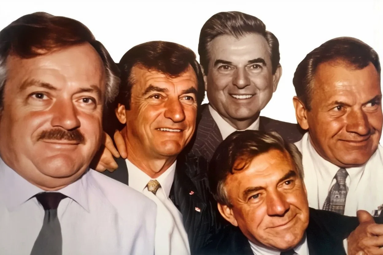 a photo of 5 men in their 40s, antique old photo