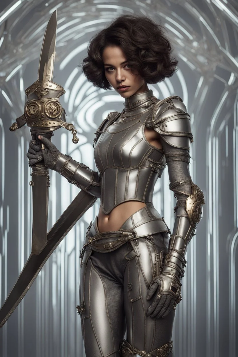 full body picture of a skinny woman with a bob, in futuristic silver armour, holding a curved sword, steampunk background