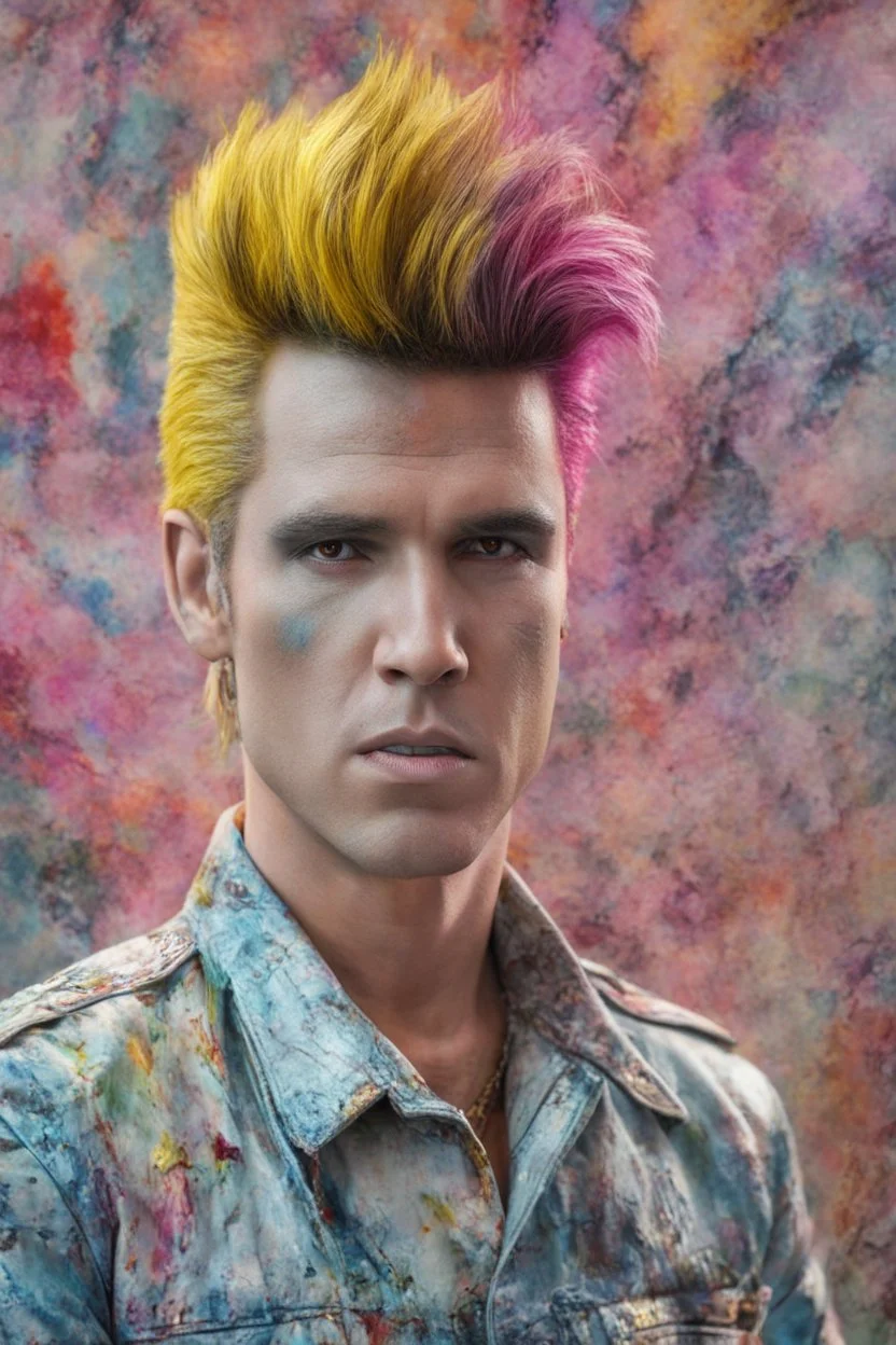 Elvis Presley, Billy Idol Hybrid, 4k UHD, photorealistic, bright, extremely colorful, multicolored, foggy, gradated marble wall background, extremely detailed skin texture,