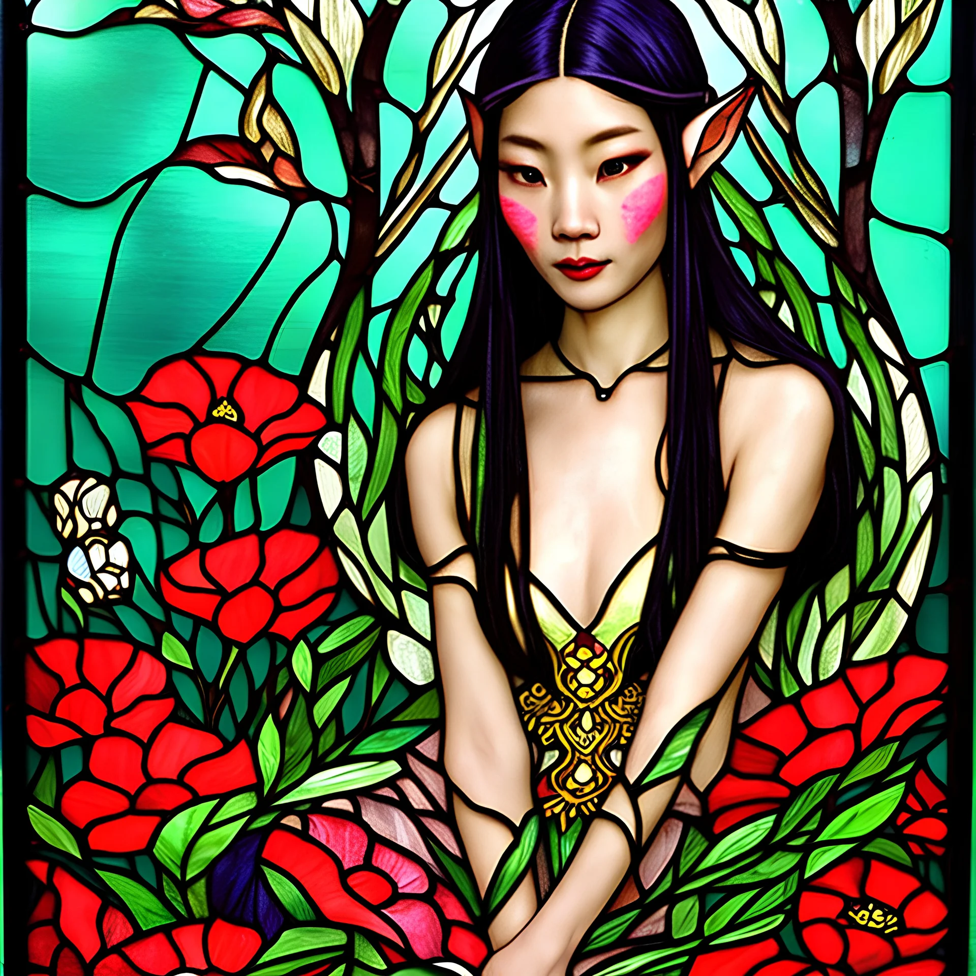 Stained Glass Art Nouveau art style A beautiful as a model asian woodland elf princess who looks like a young Lucy Liu seated on a throne surrounded by poppies and marijuana leaves in a mystical forest, photo-realistic