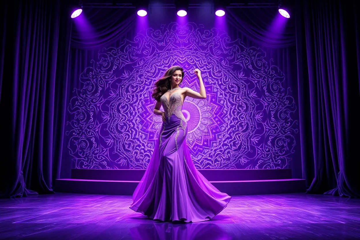 modern stage with gray-dark purple blueish violet theme artistic decoration , color full dynamic lighting, a beautiful lady in maxi dress with shining silver jewels ,curvy long hair,dancing, 3D recursive fractal structure animating background