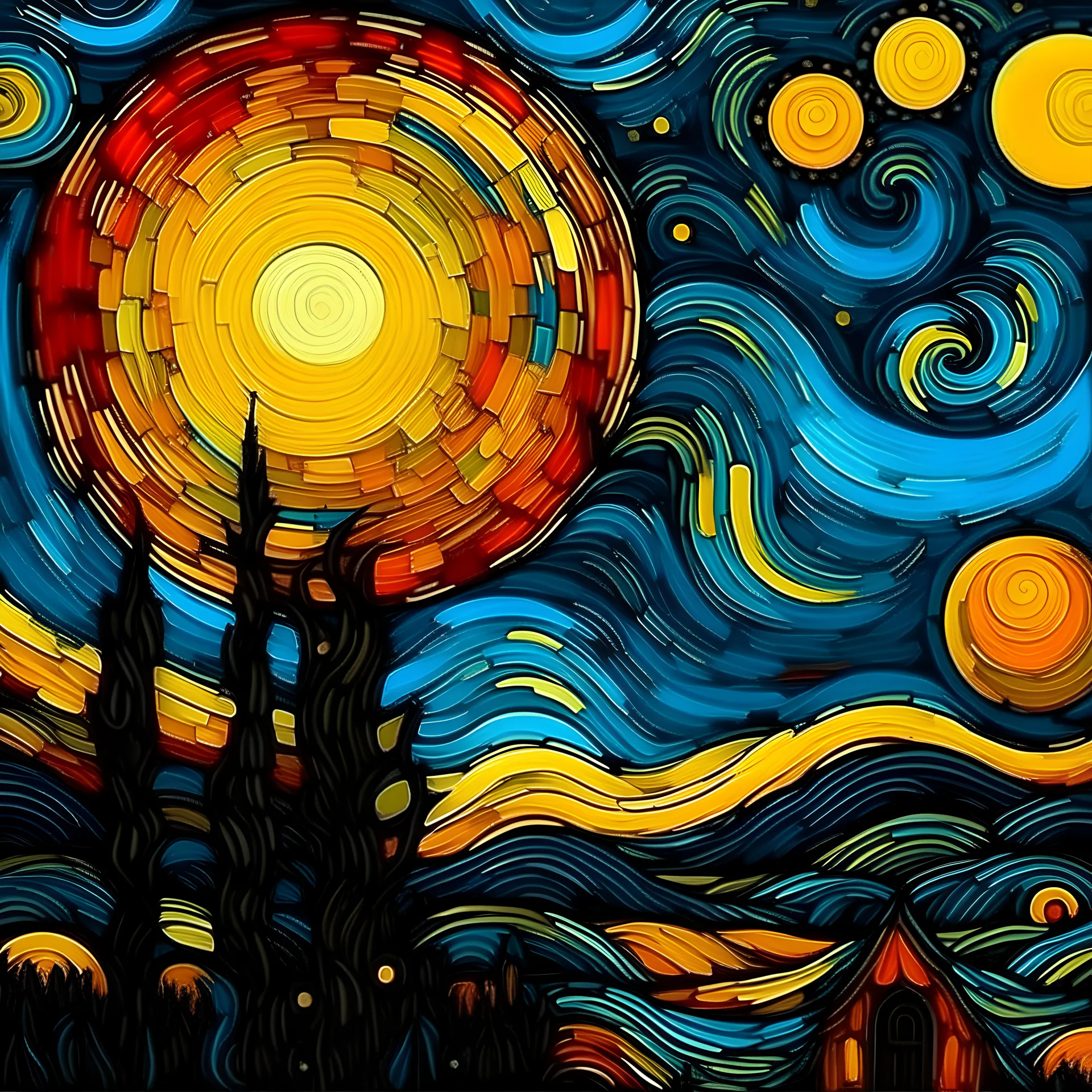 sun and moon in the sky, night time, van gogh style