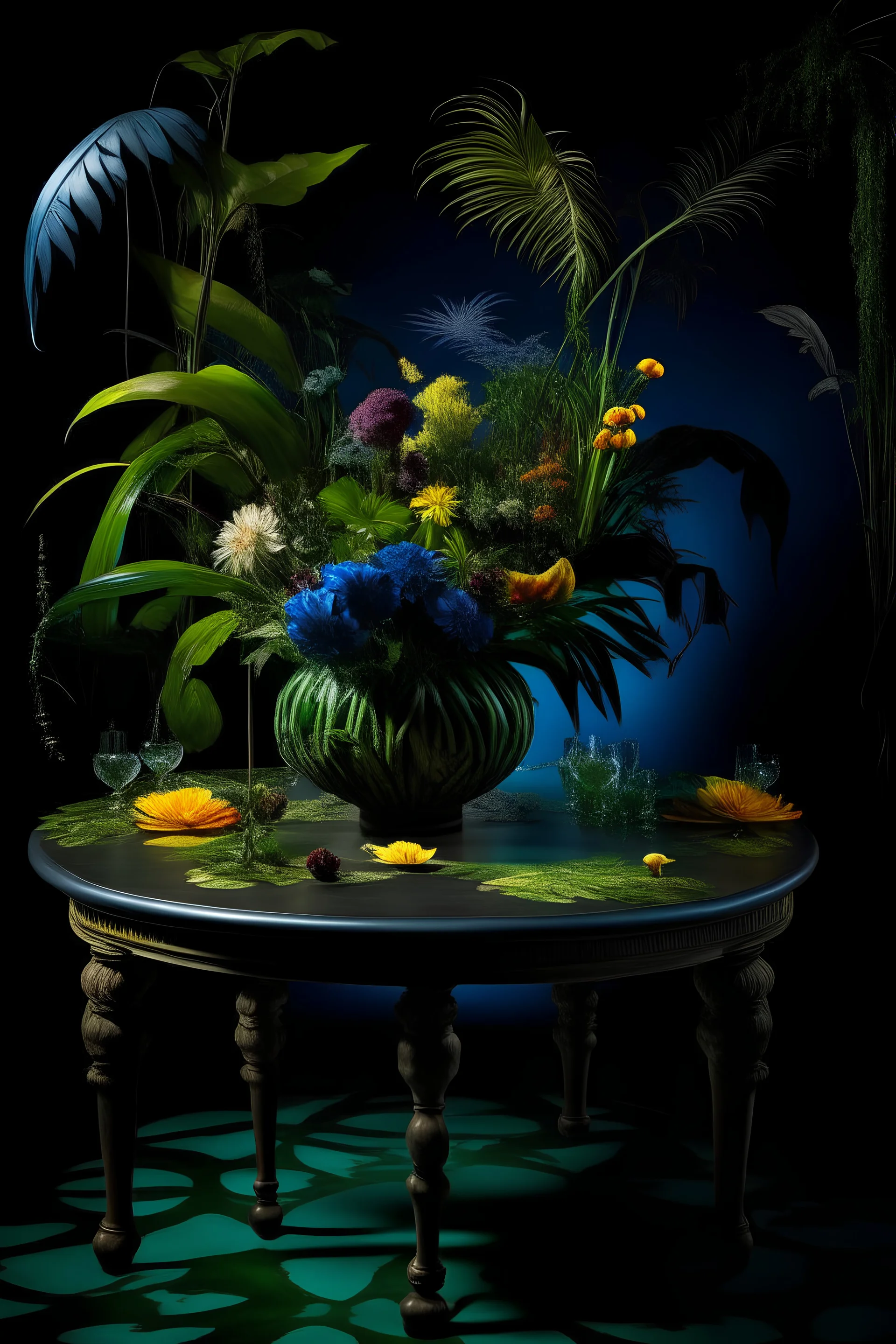 under the moonlight, the table has a Lush Variegated Multi-colored Jungle Foliage bouquet in a vase; Neo-surrealism; Dada