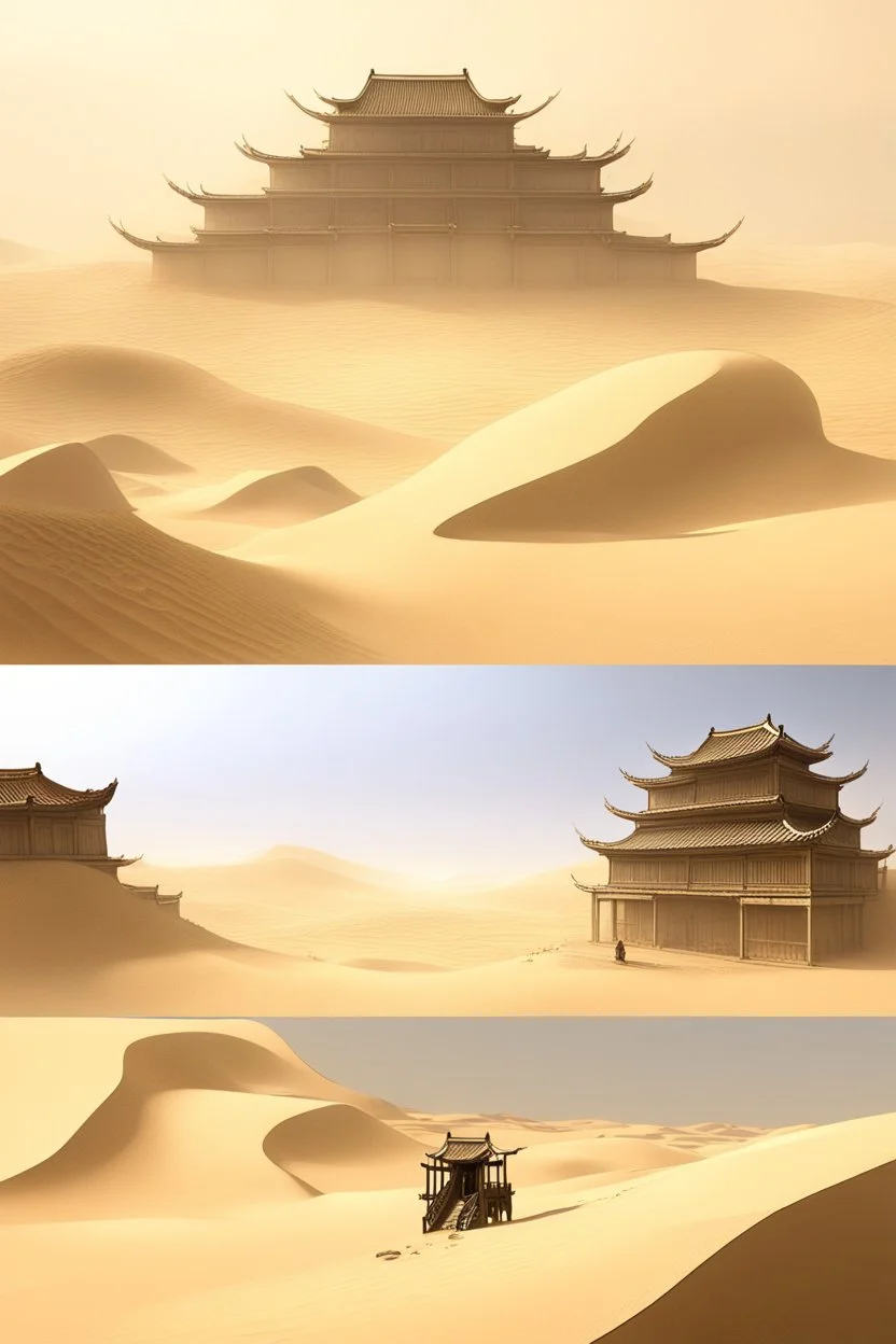 ancient, chinese town, fantasy, desert, dune, sand storm, crater