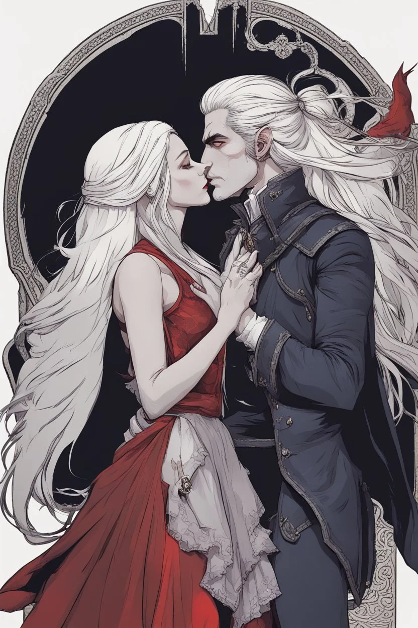 A couple kissing from the dnd game curse of Strahd. The woman has long white hair and blue eyes, the man has LONG BLACK hair and red eyes, no facial hair.