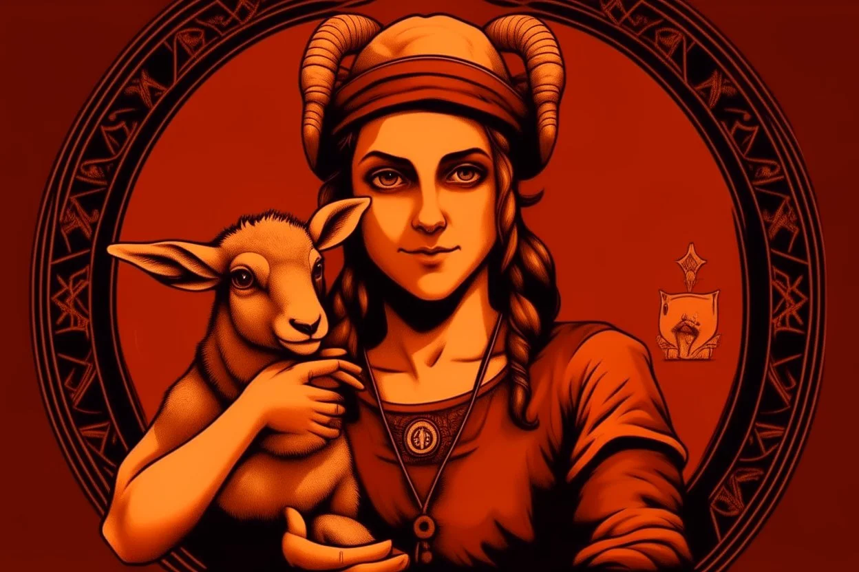 attractive woman with cute head of a goat, holding a human baby, baphomet