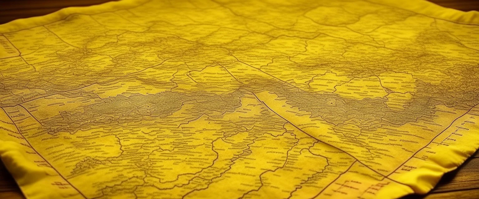 An old, weathered map lies open on a wooden table, its creased and yellowed paper showing the intricate details of unknown lands and far-off seas, retrofuture style, strange notes, blood drops