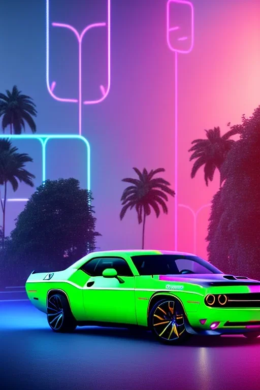 heckansicht dodge challenger fährt auf einem highway richtung horizont,miami vice, miami, neon ligths,chrome, synthwave, retro, high detailed,unreal engine, octane render, photo realistic, viele palmen,