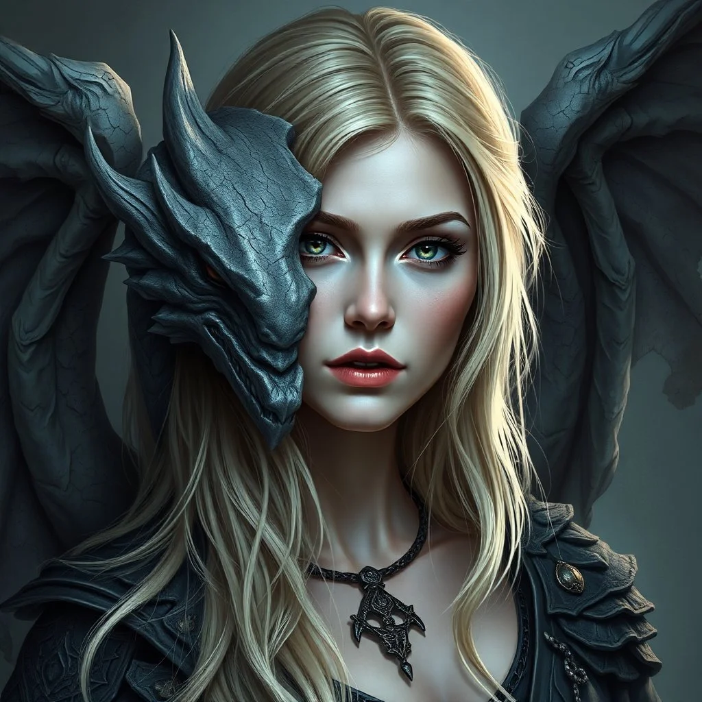 a portrait of an attractive blonde fantasy woman who is half human and half gargoyle, her face is partially made of stone, medieval, gothic, digital art, stylised