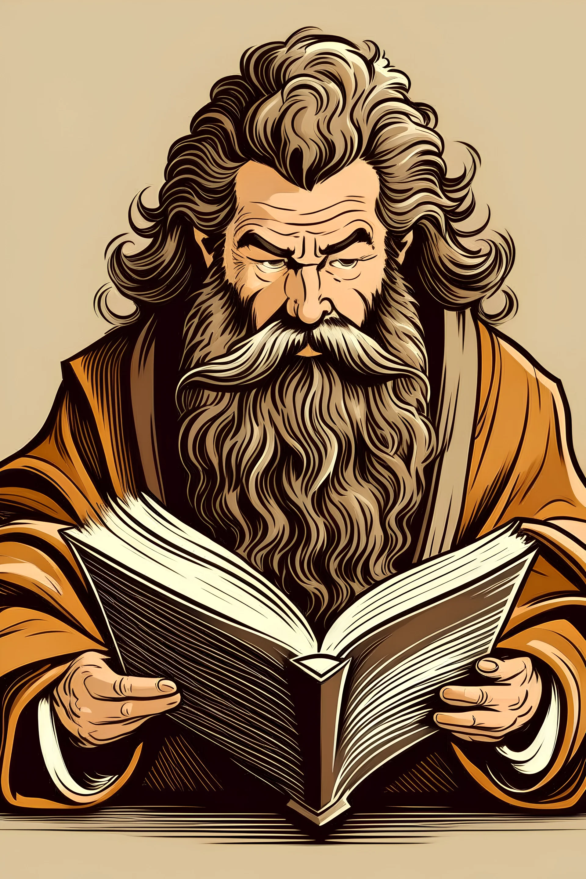 Make a image of monk having big hairs and beard reading a book