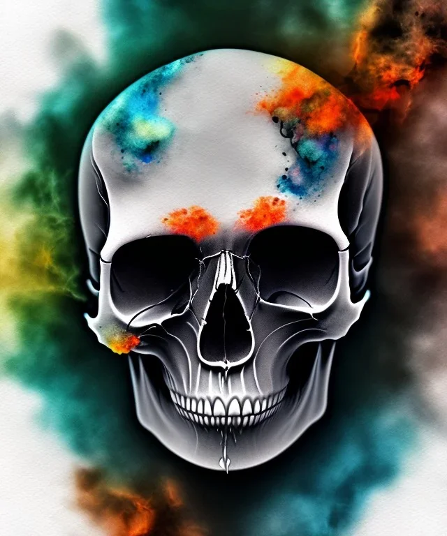 realistic skull. watercolor and ink. black background. smoke and explode. particles in air. teal and orange