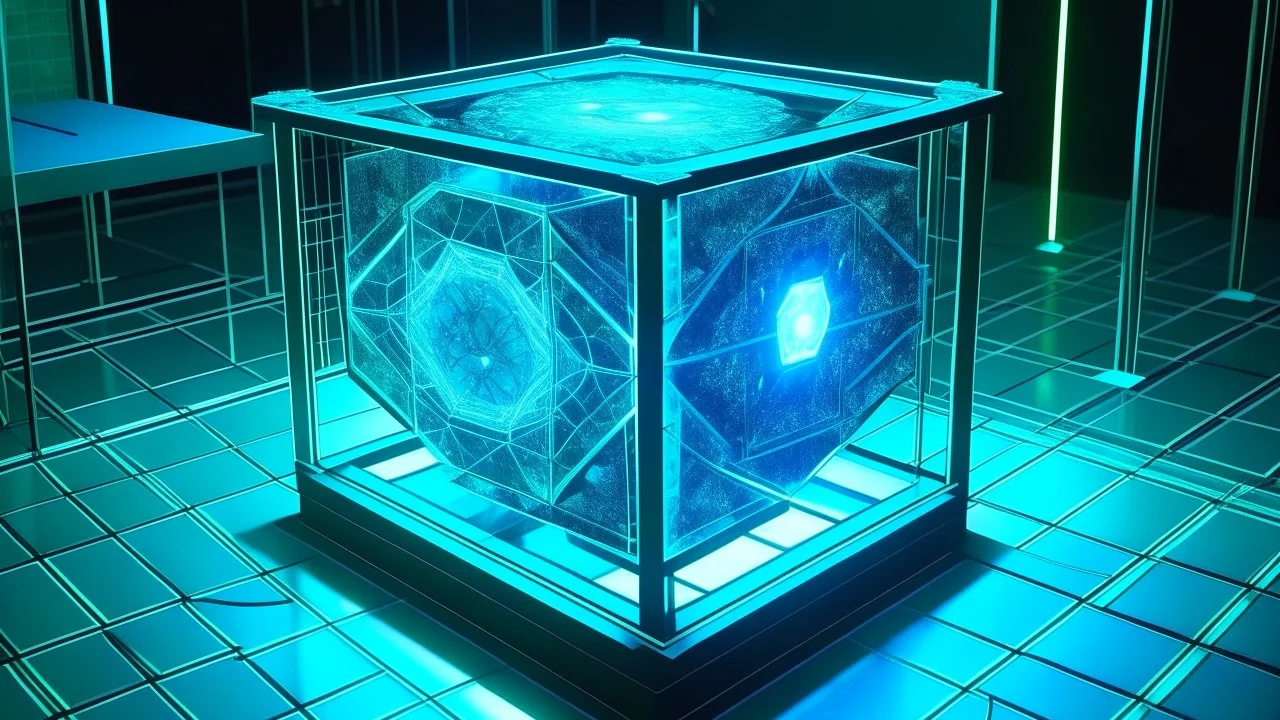 Cube tesseract from movie Loki. Tesseract should not be cropped. Located strictly in the middle of picture with navy blue/green glow inside tesseract. Without surface/table on which it stay.