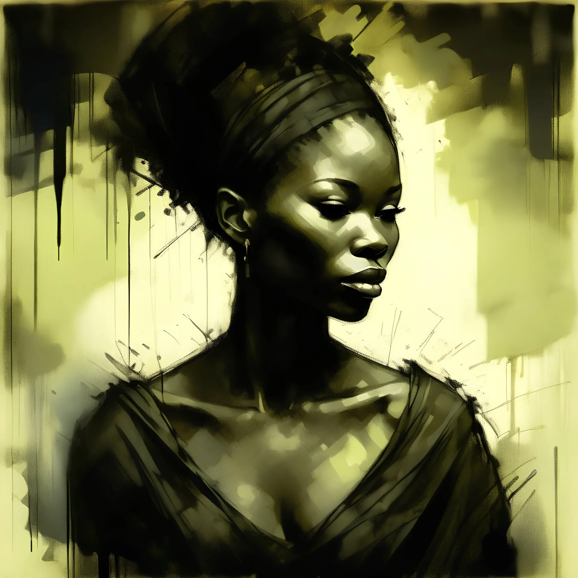 deep powerful evocative african portrait abstract painting,JEREMY MANN ,charcoal pencil strokedcross hatch technique minimalist illustration