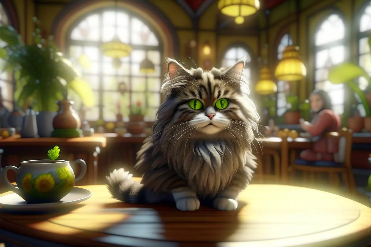 cute fluffy cat in a coffeehouse in sunshine Weight:1 detailed matte painting, deep color, fantastical, intricate detail, splash screen, complementary colors, fantasy concept art, 8k resolution trending on Artstation Unreal Engine 5 Weight:0.9